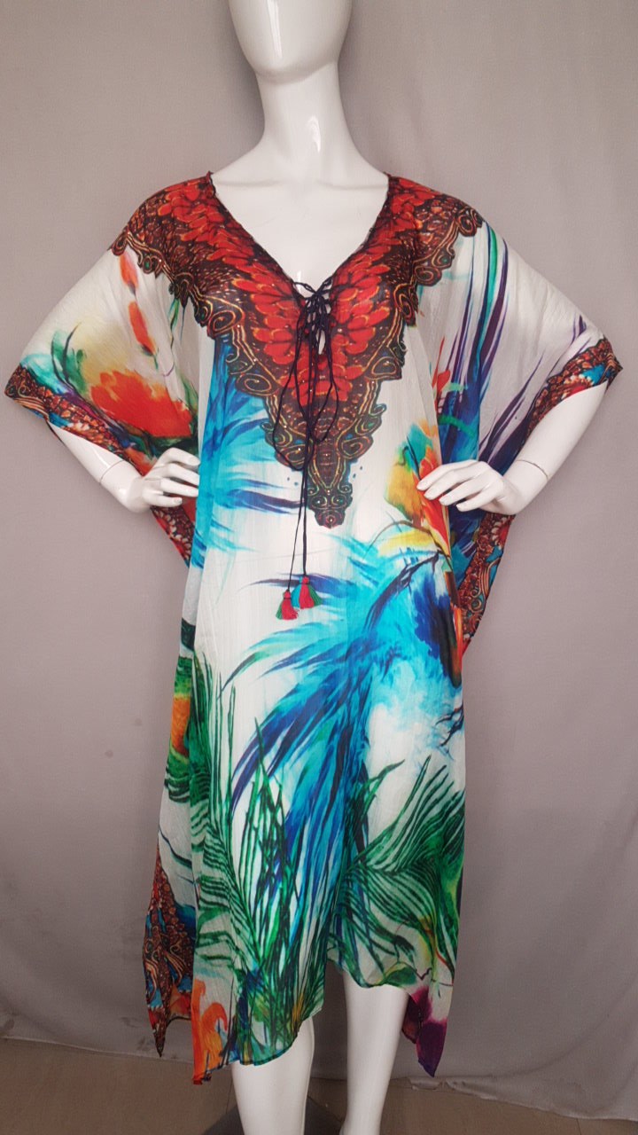 Multicolour printed long kaftan with V-neck