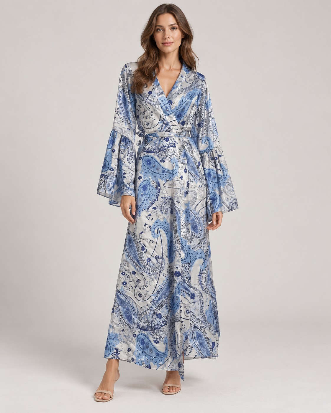 Blue paisley print satin wrap kimono with bell sleeves worn by a model, KK Fashion Exports