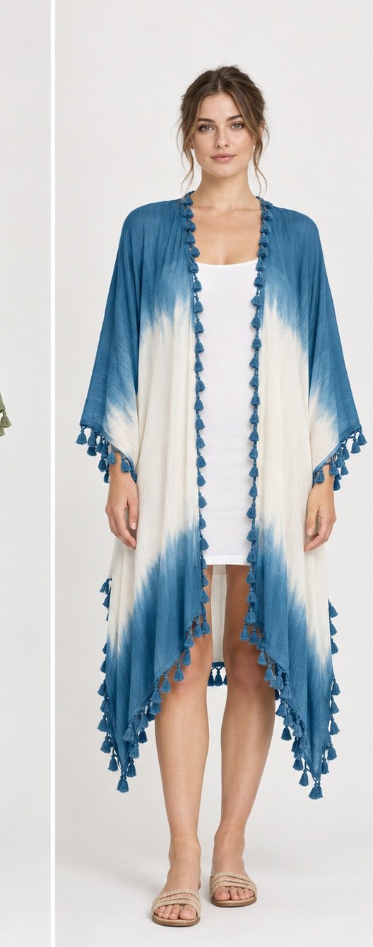 Blue and white ombre kimono with tassel trim