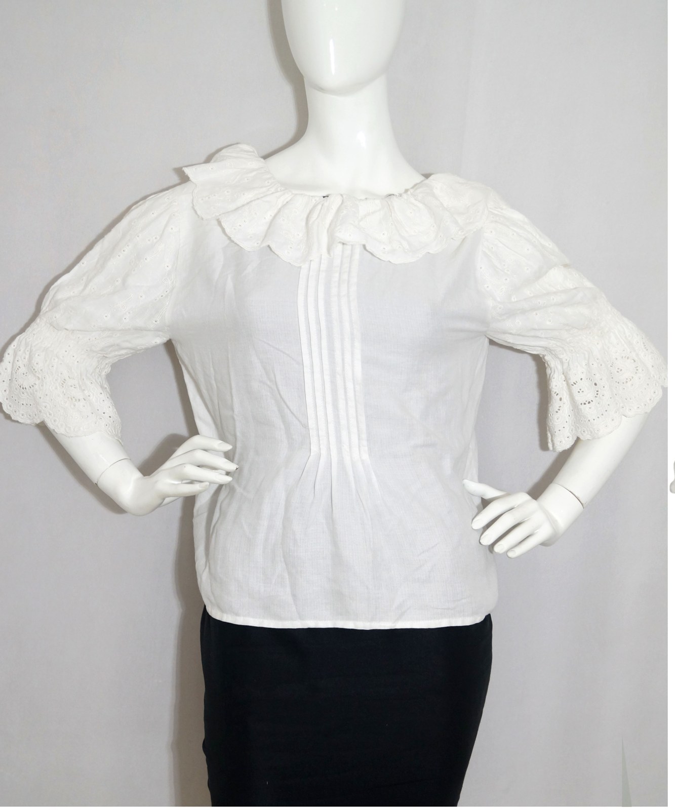 White cotton net top with ruffle sleeves