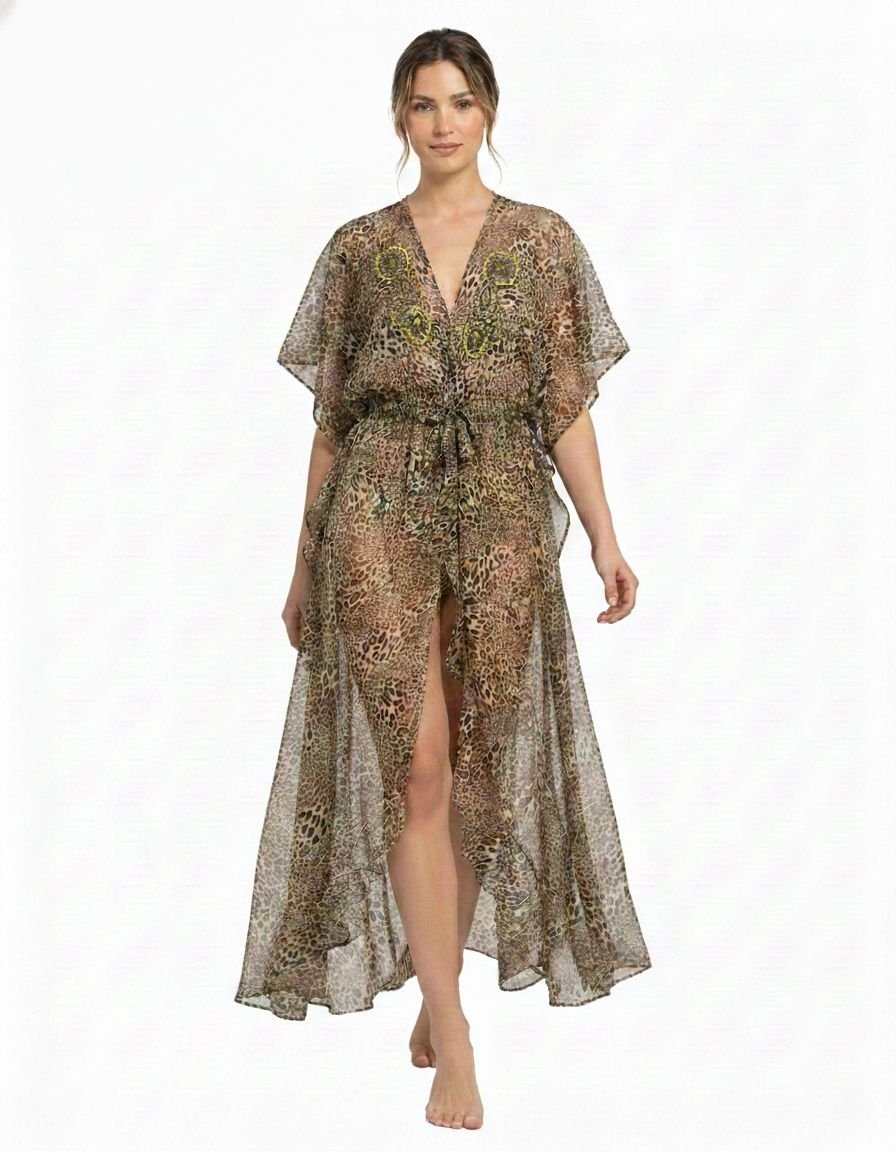 Long sheer polyester chiffon kimono with a drawstring waist in an animal print with embroidery.