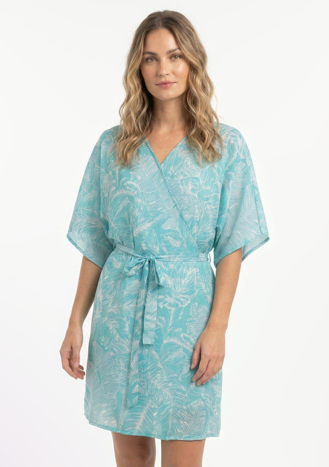 Short belted polyester wrap kimono in an aqua leaf print.