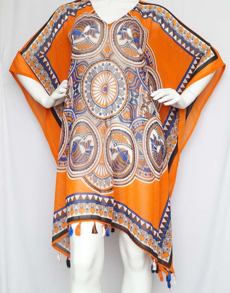 Orange printed polyester poncho kaftan with tassels