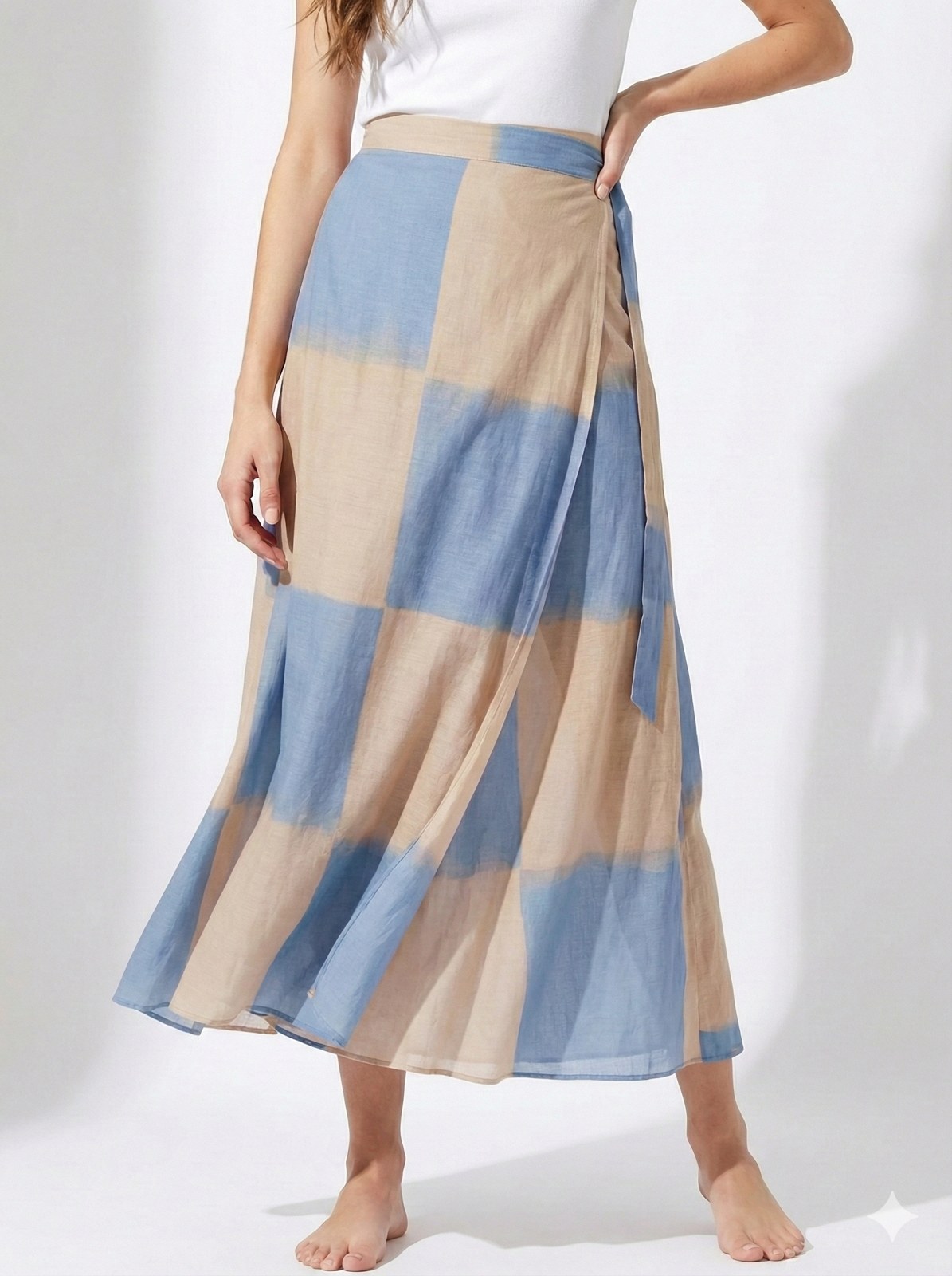 Blue and beige patchwork print wrap skirt