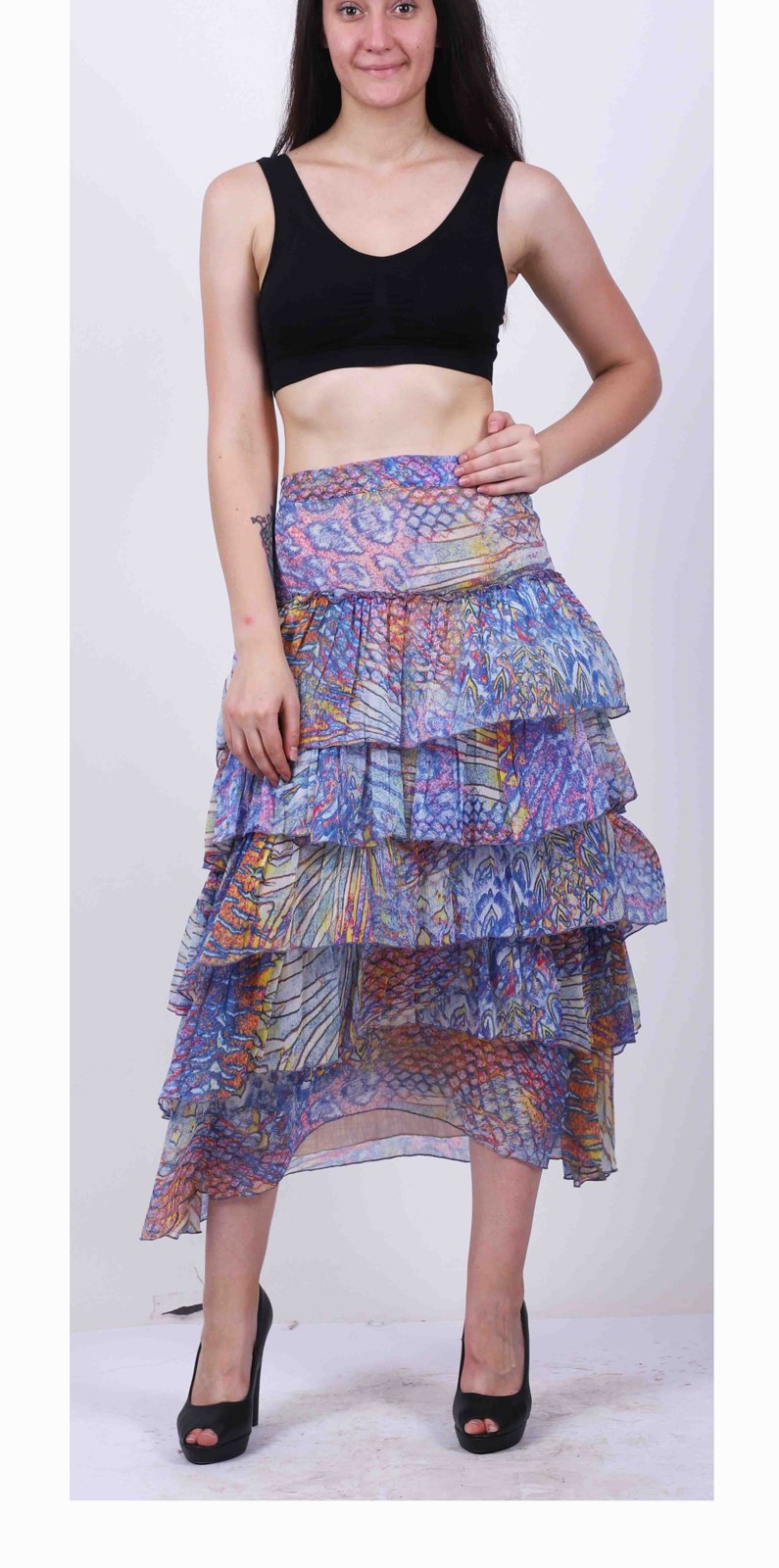 Purple floral printed tiered chiffon skirt