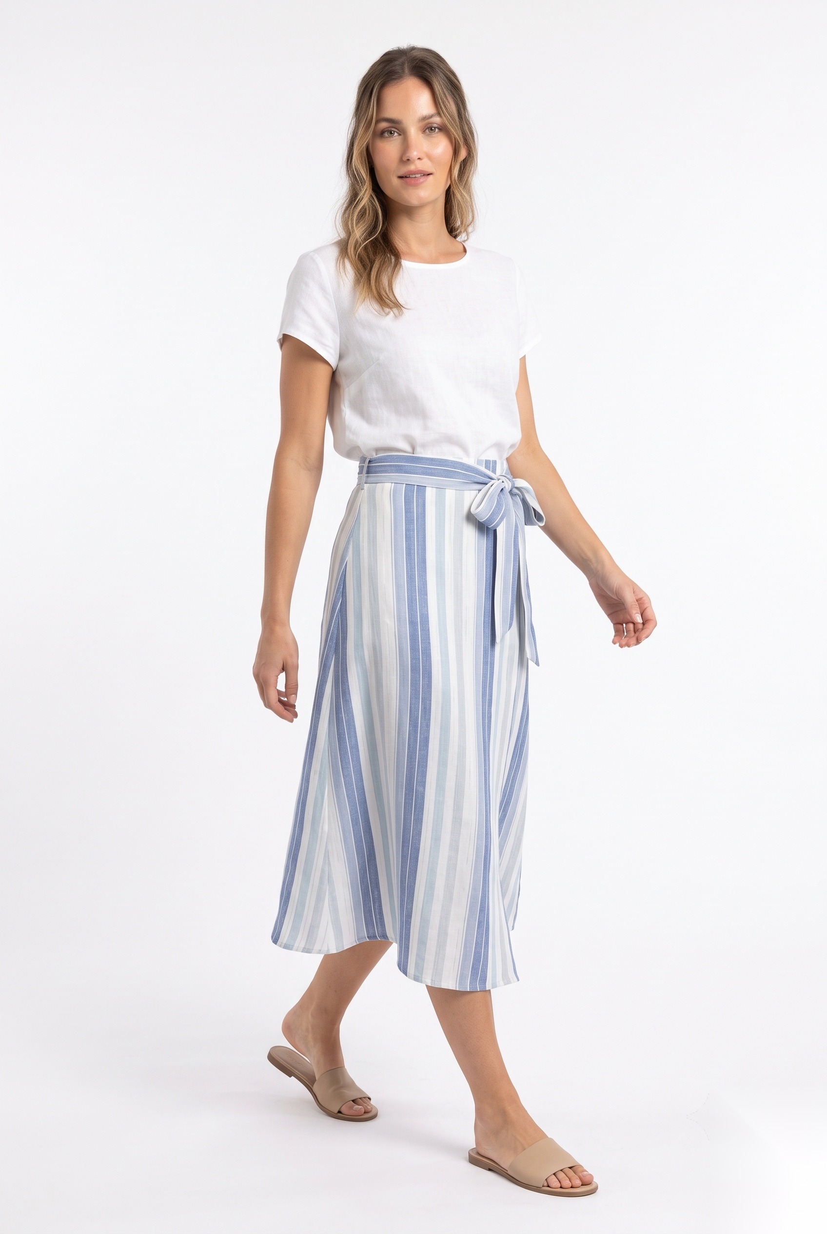 Linen wrap midi skirt with a tie in a multi-width vertical striped parallel bands print.