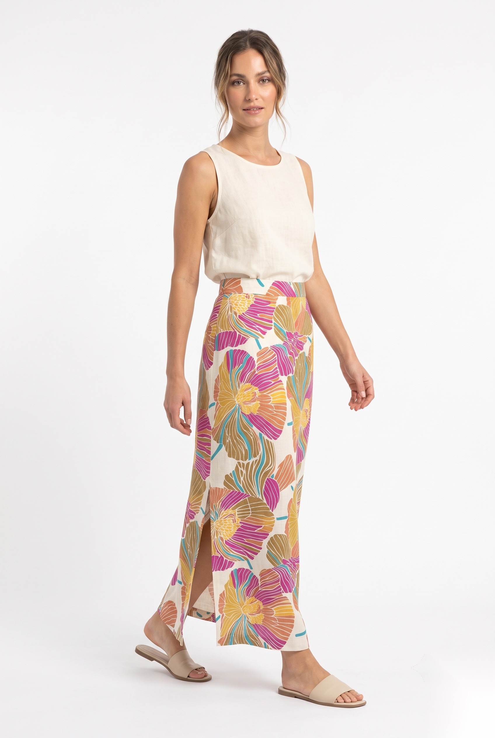 Linen straight maxi skirt with a side slit in a large stylized radiating linework fan blooms print.