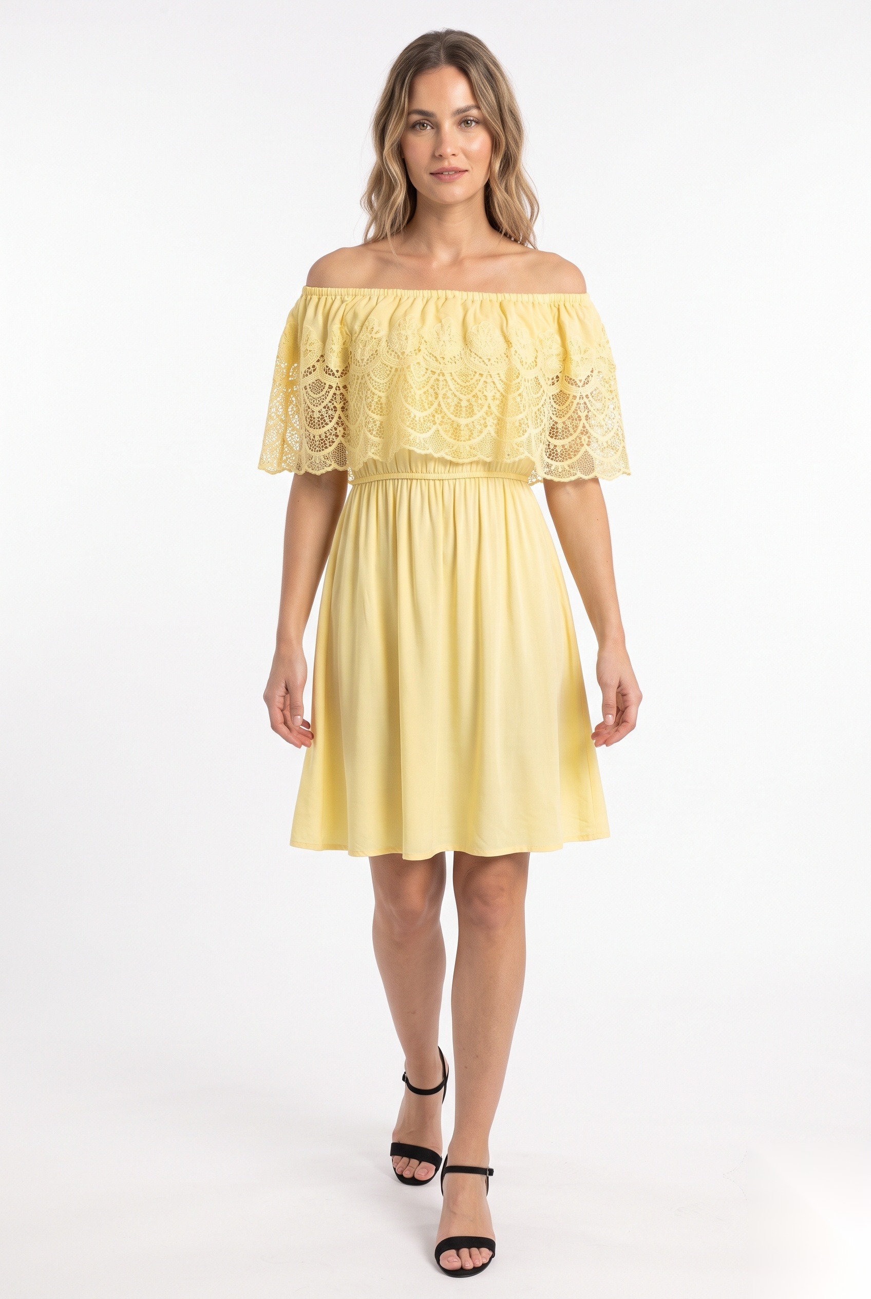 Yellow off-shoulder dress with lace overlay worn by a model, KK Fashion Exports