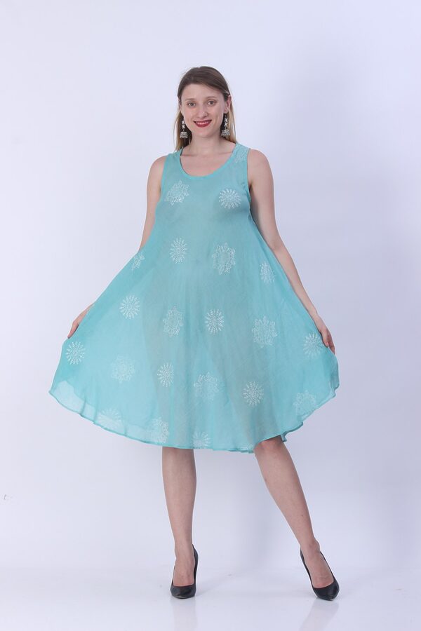 Aqua sleeveless umbrella dress with a wide circle-flared skirt