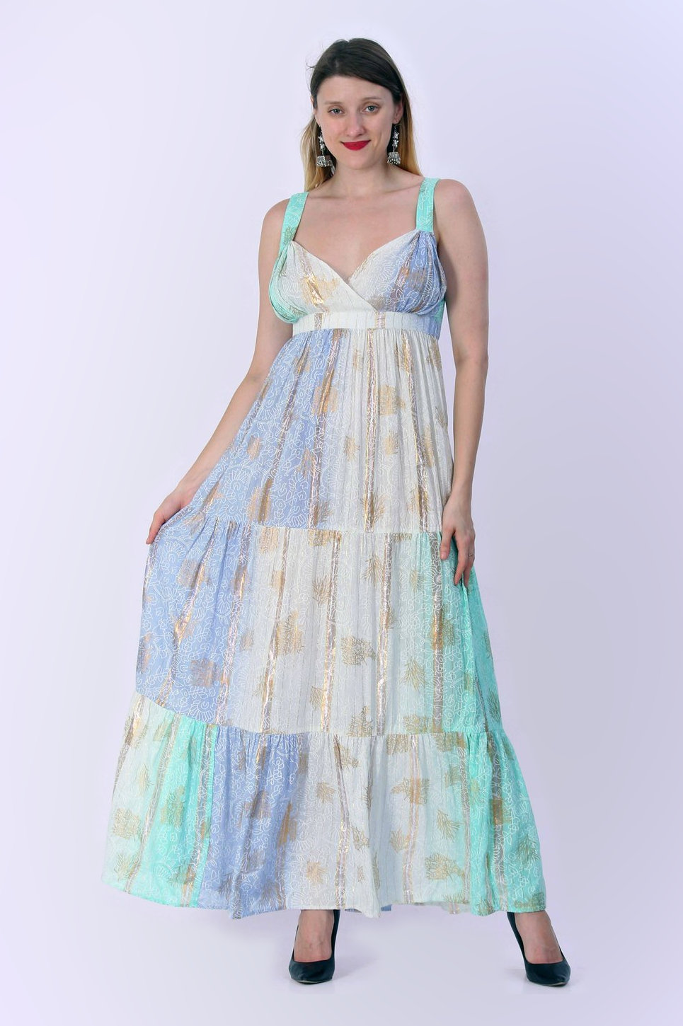 Strappy tiered viscose maxi dress in pastel blue, aqua and cream panels with a gold leaf print.