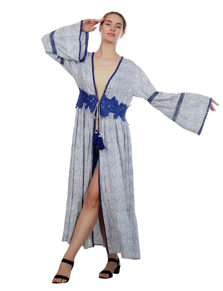 Blue printed long kimono with lace waist