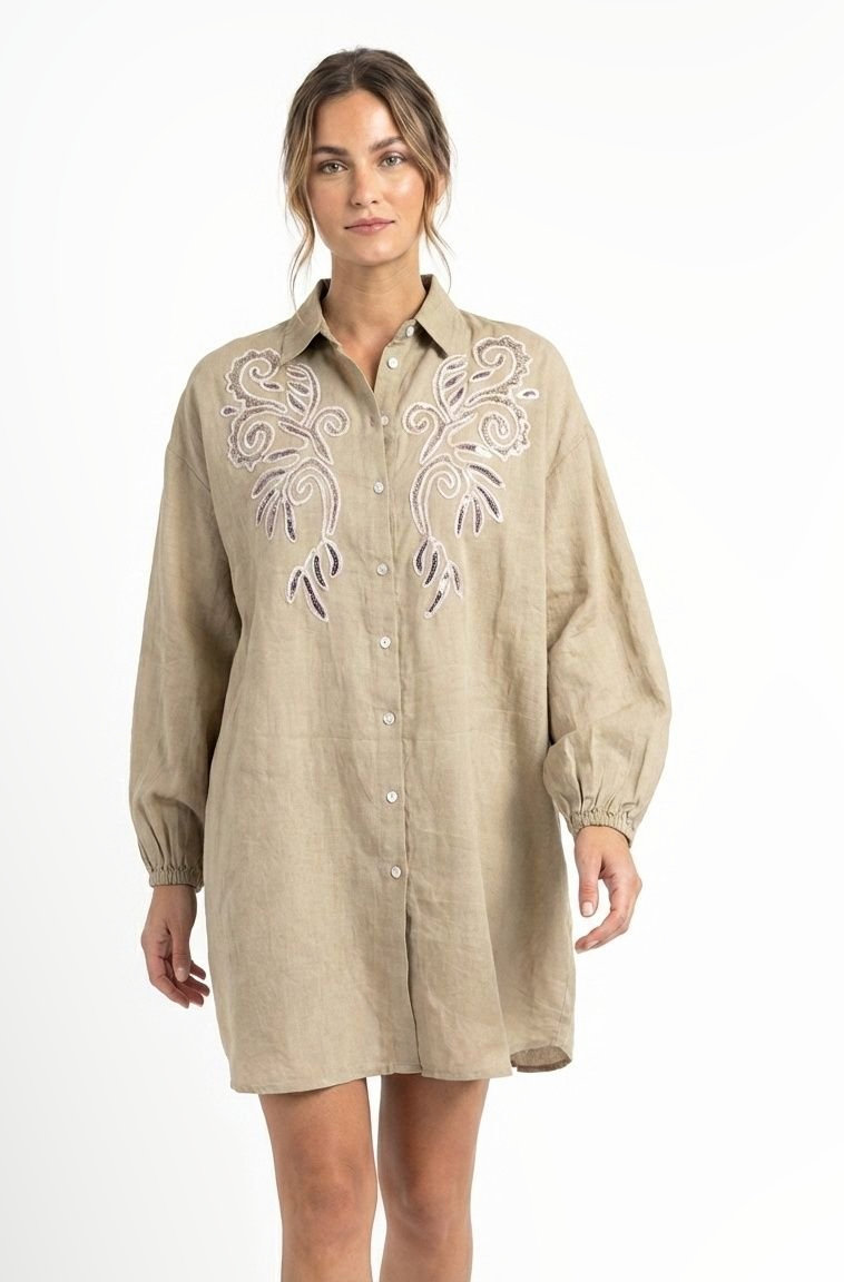 Beige cotton long shirt with balloon sleeves and tonal floral embroidery on the yoke.