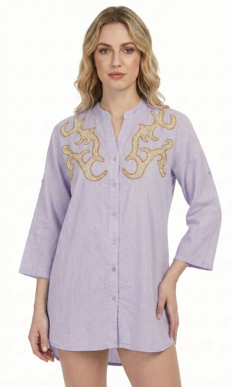 Lilac cotton tunic shirt with three-quarter sleeves and gold scroll embroidery on the yoke.