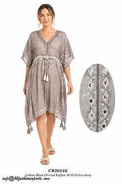 A grey knee-length kaftan with white ethnic borders, drawstring waist tassels, and delicate mirror work embroidery.