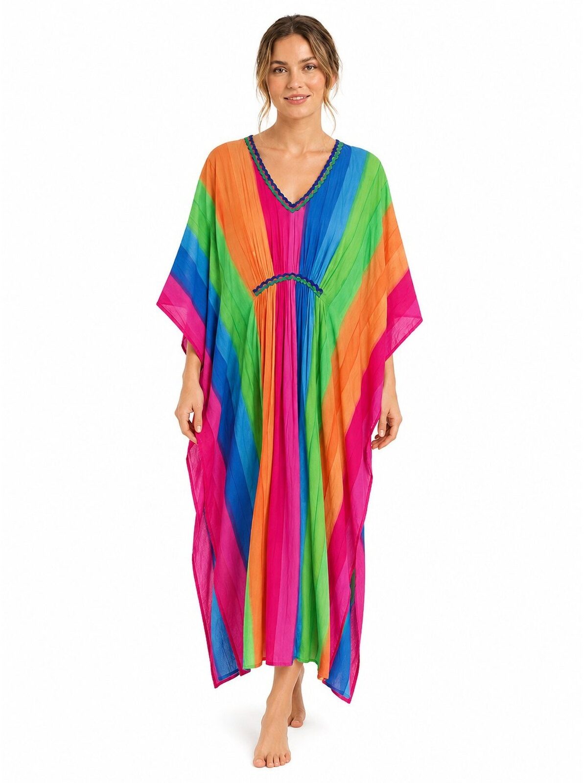 Vibrant ankle-length kaftan dress boasting colourful rainbow stripes, a gathered V-neckline, and an empire waistline.