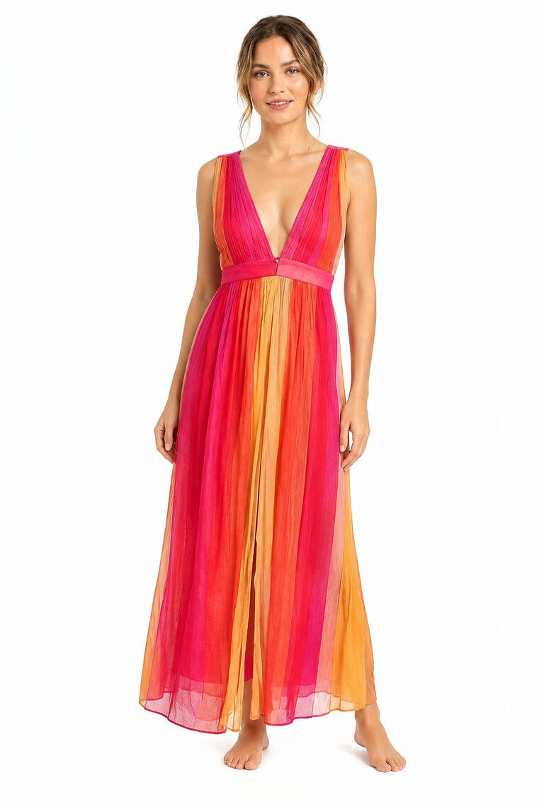 Sleeveless V-neck cotton maxi dress in a pink, red and orange ombre stripe.
