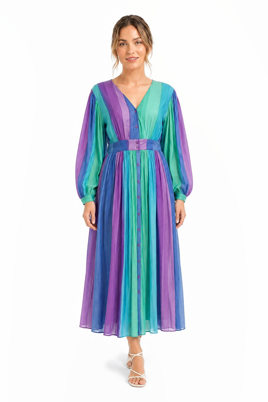 Long-sleeve V-neck cotton midi dress with a waistband in purple, turquoise and blue ombre stripes.