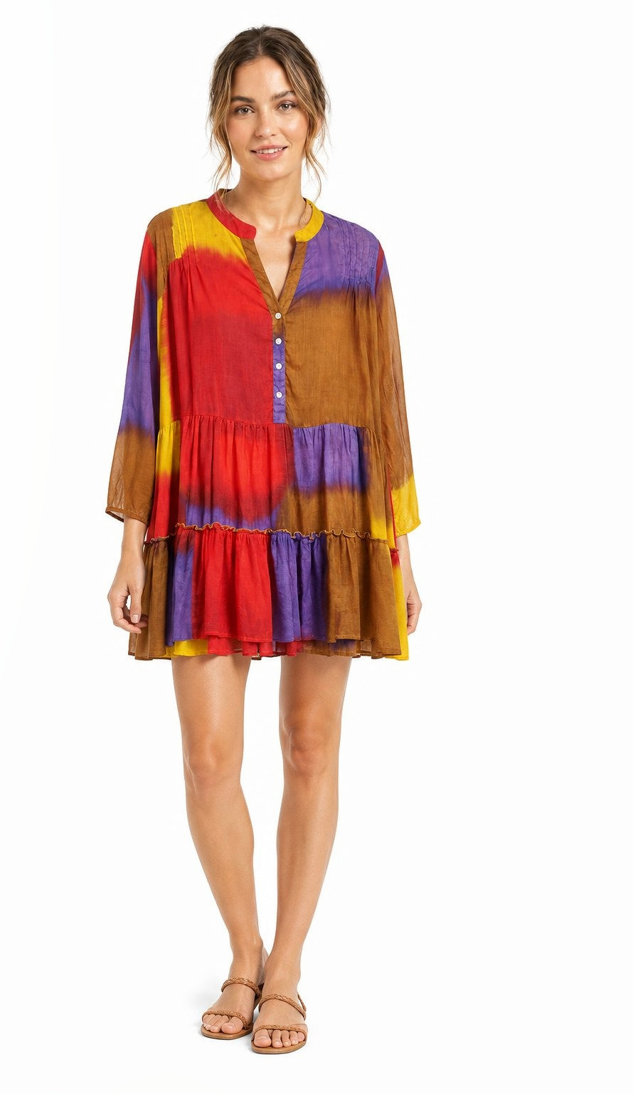 Tiered cotton mini dress with three-quarter sleeves in red, purple, yellow and brown dip-dyed blocks.