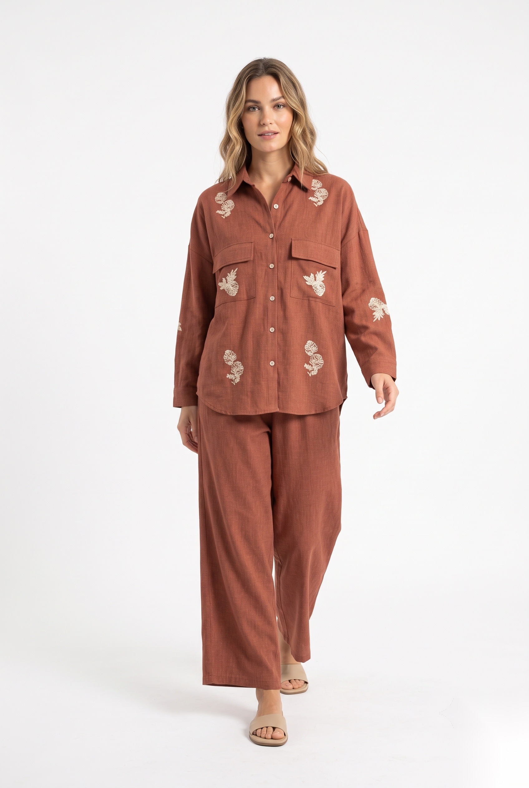 Cotton Plain Embroidery Shirts worn by a model, KK Fashion Exports