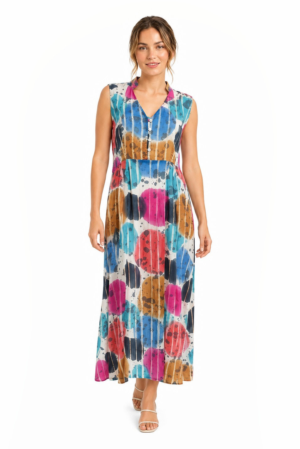 Sleeveless collared cotton maxi dress in a multicolour tie-dye dot print.