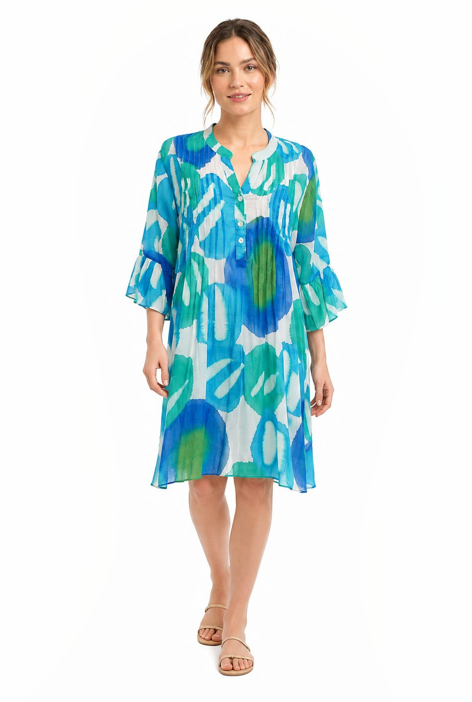 Knee-length cotton shift dress with flared sleeves in a turquoise, blue and green brushstroke print.