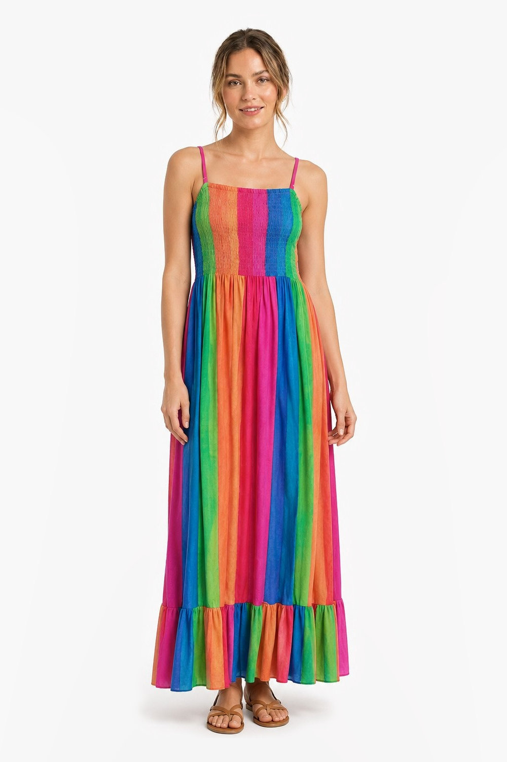 Strappy cotton maxi dress with a smocked bodice and frill hem in rainbow vertical stripes.