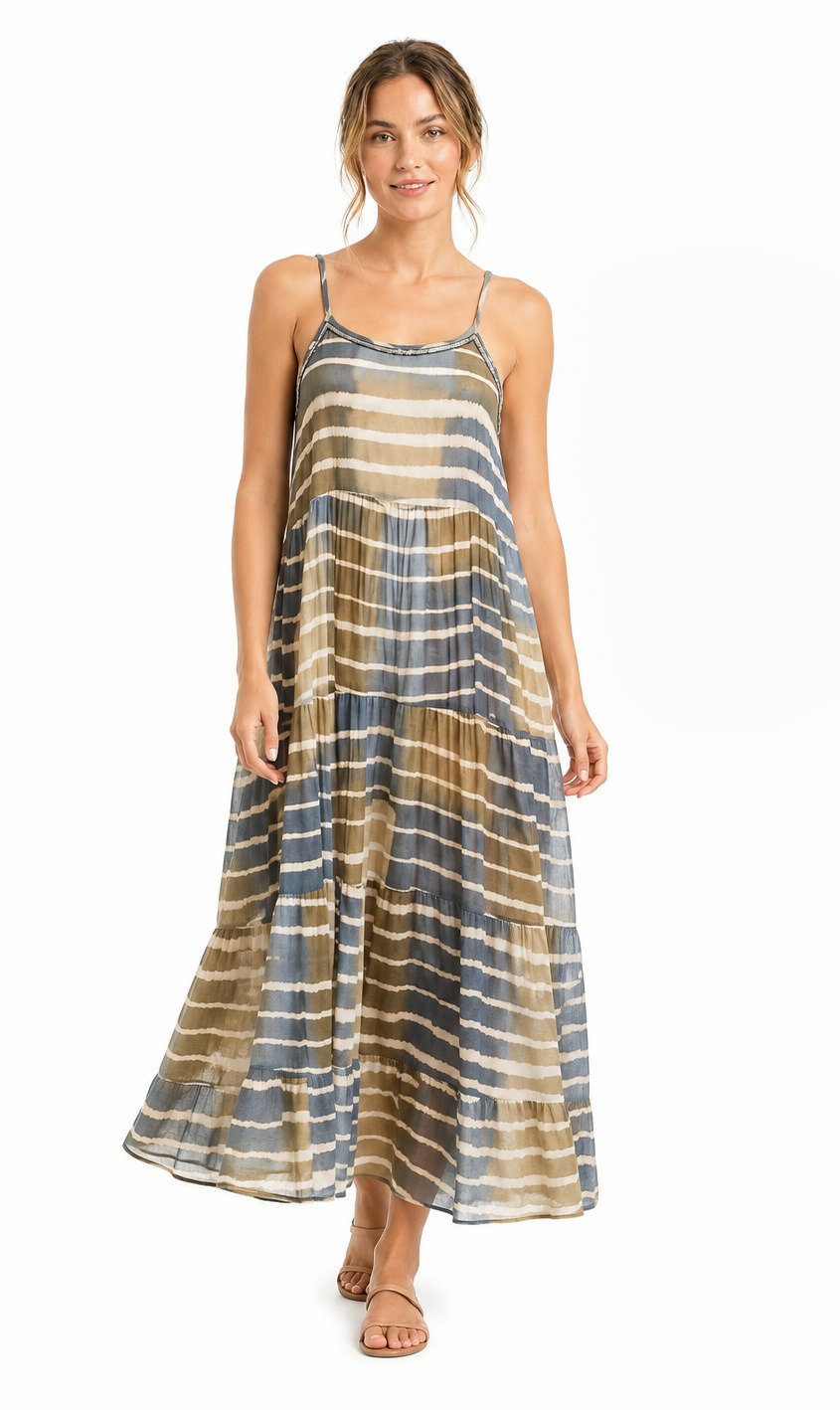 Strappy tiered cotton maxi dress in a blue, olive and cream tie-dye stripe print.