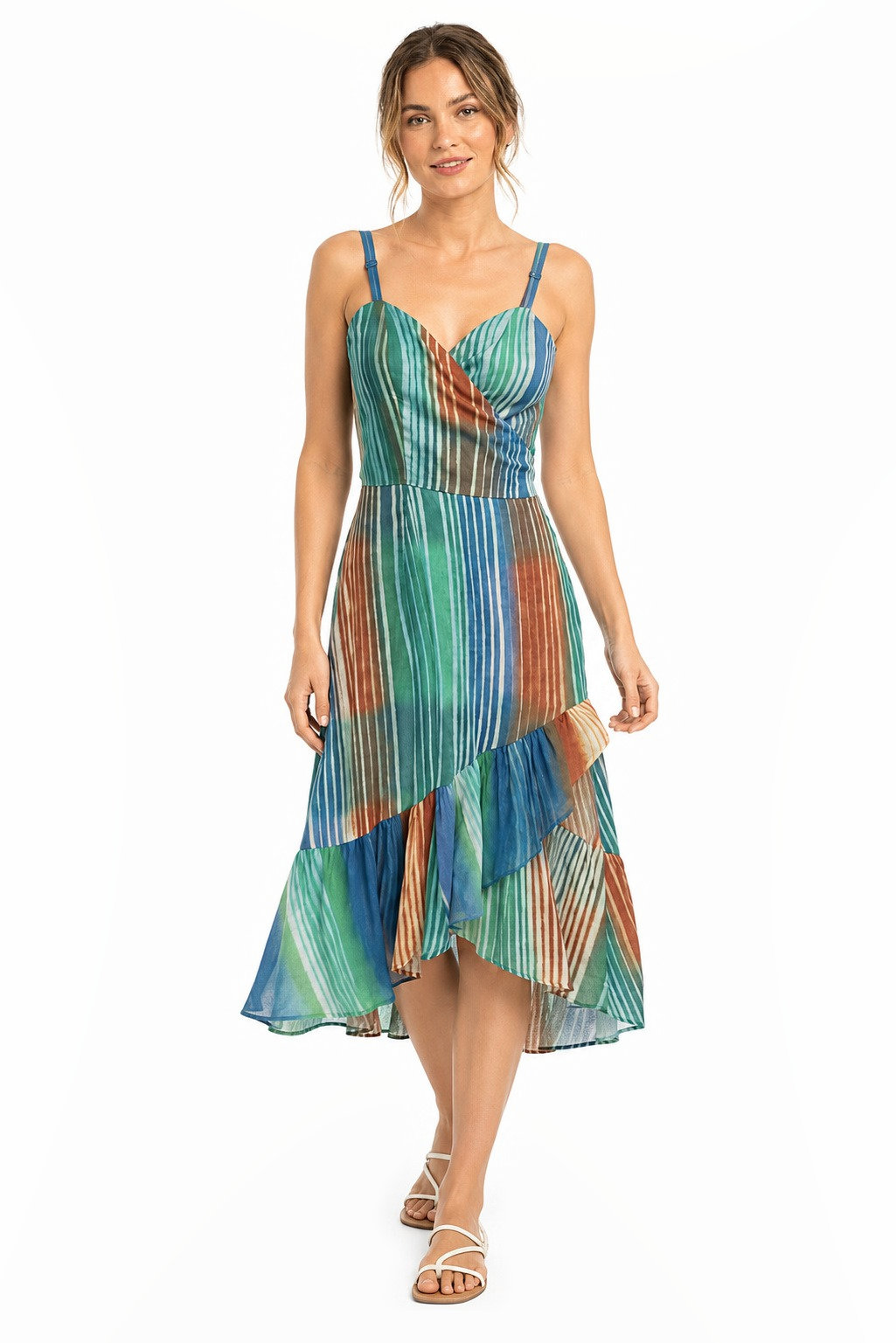 Strappy cotton wrap dress with a ruffled high-low hem in a multicolour stripe print.