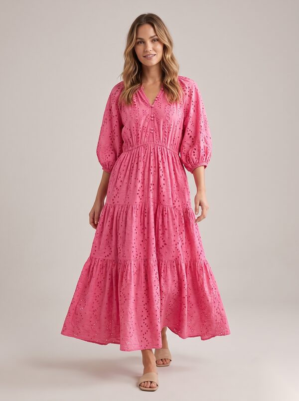 Cotton Solid Embroidered Dresses worn by a model, KK Fashion Exports