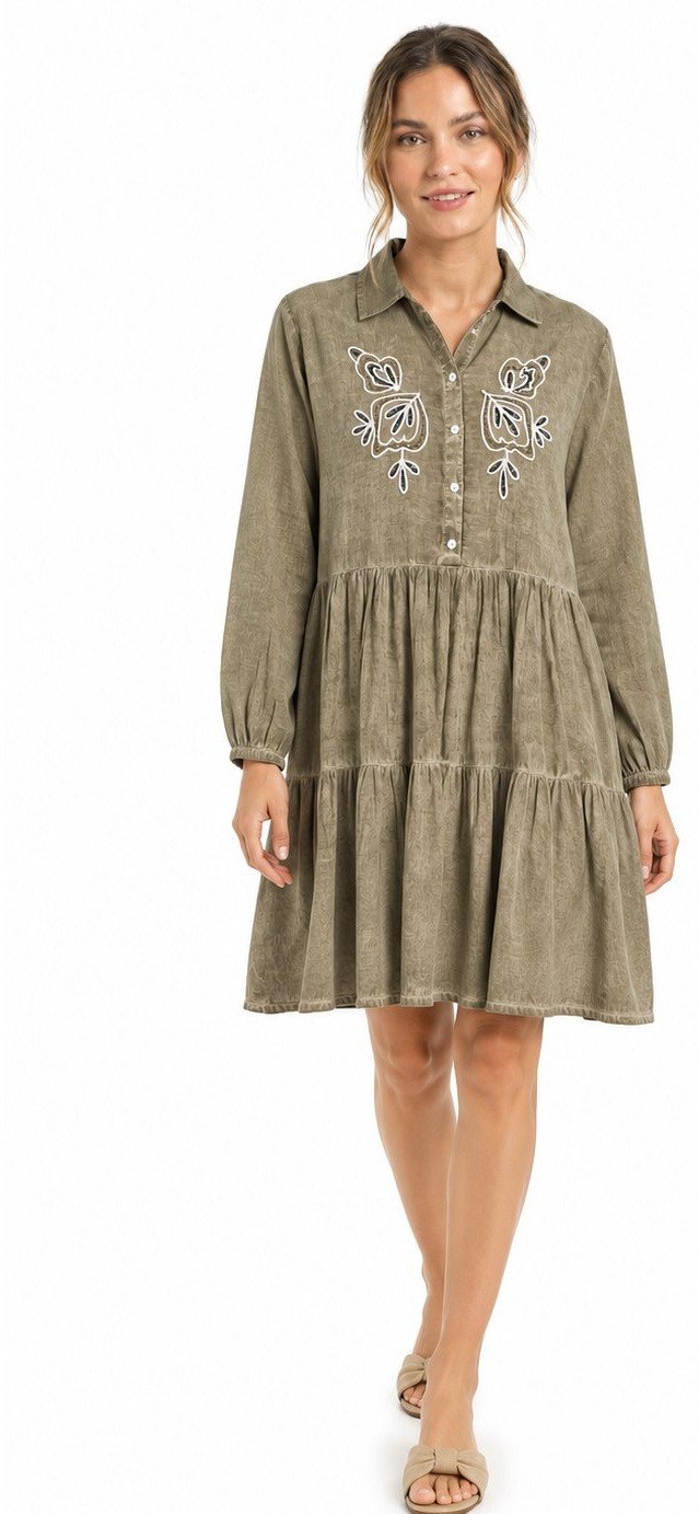 Olive solid cotton shirt dress with embroidery