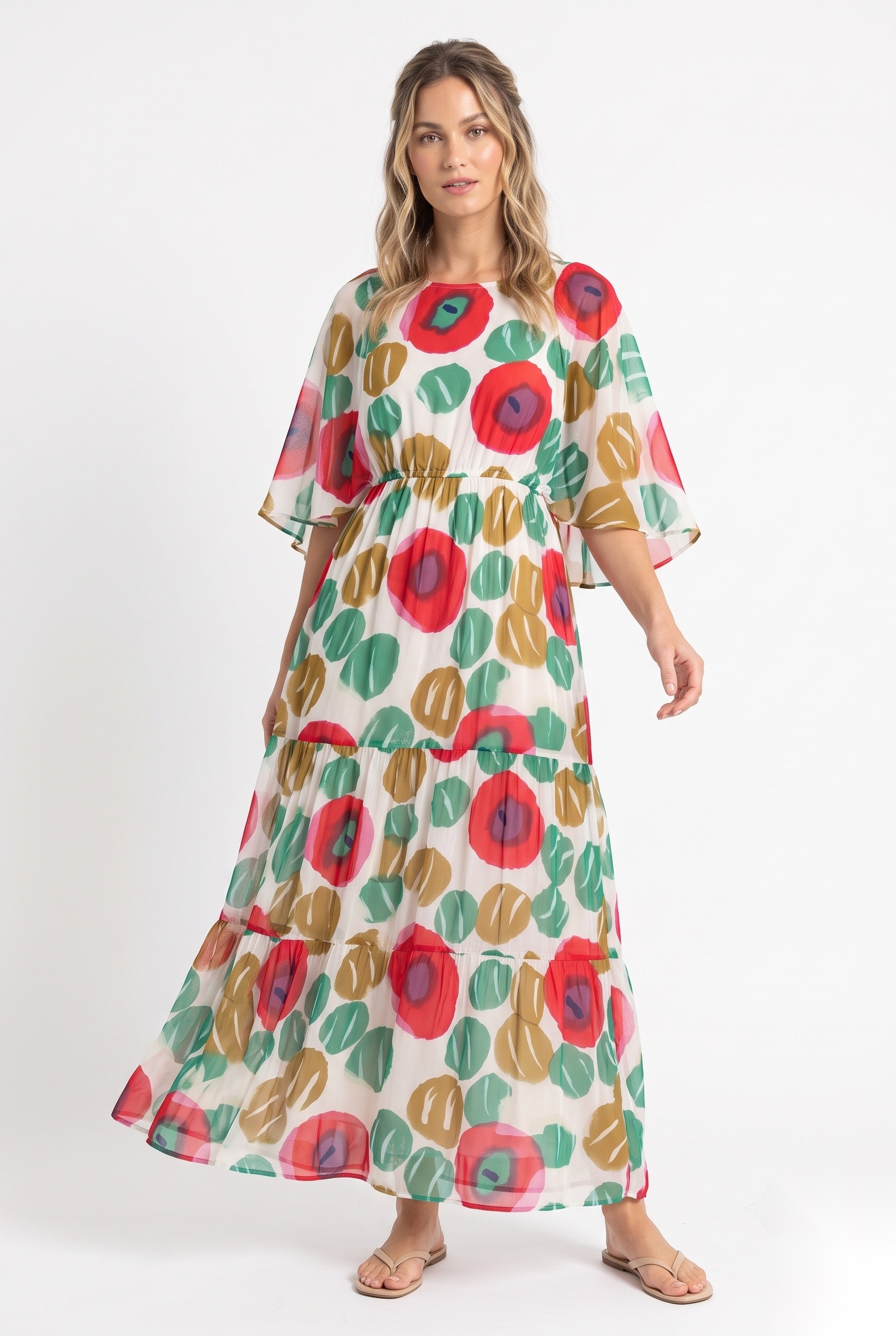 Chiffon empire-waist maxi dress with cape sleeves in a stylized graphic poppies with painterly oval foliage print.