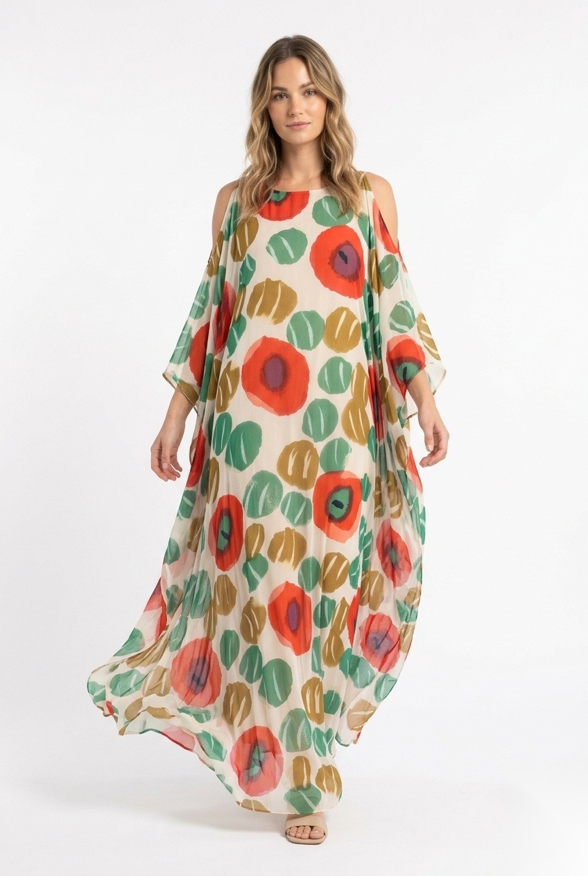 Chiffon cold-shoulder maxi kaftan in a stylized graphic poppies with painterly oval foliage print.