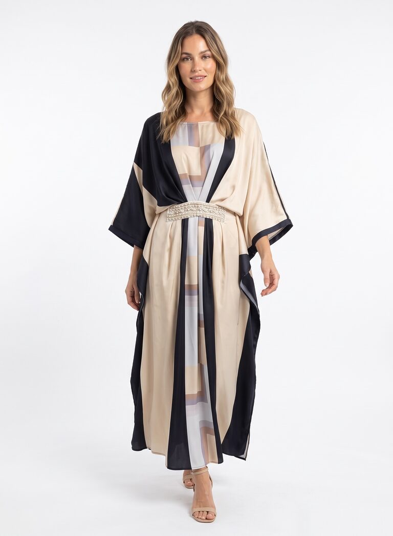 Modellfotografering av KK Fashion Exports-prøve PP2038LK, en satengkaftan.