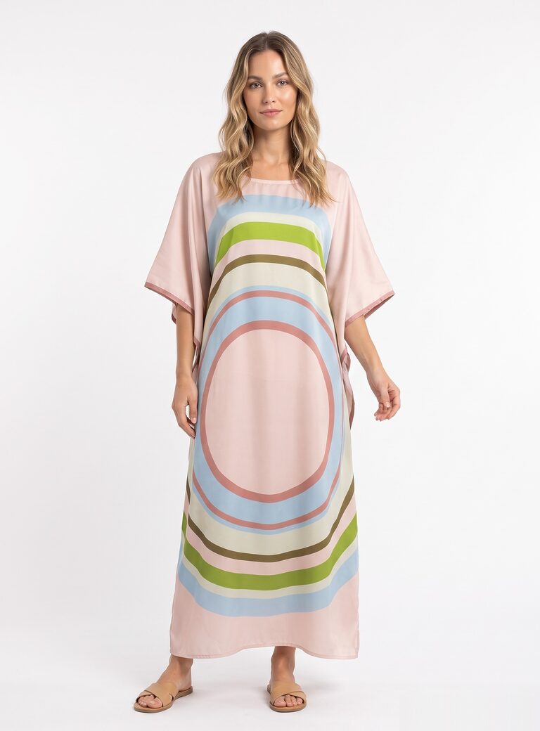 Modellfotografering av KK Fashion Exports-prøve PS2360K, en satengkaftan.