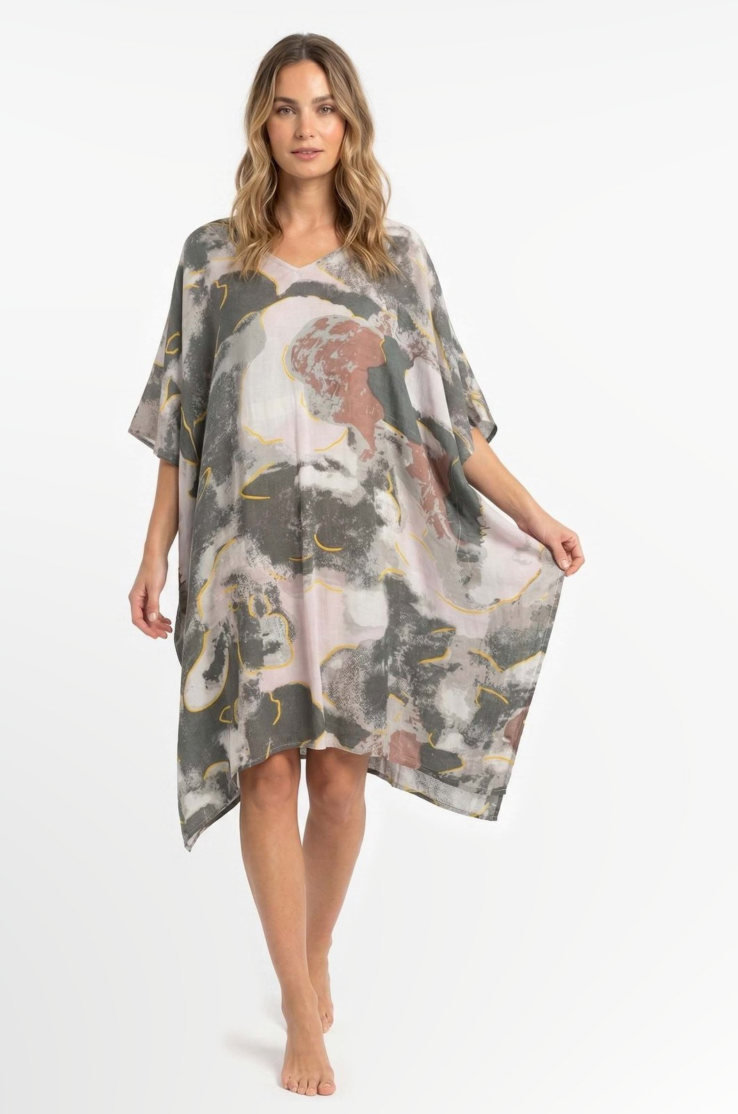 Square-cut polyester kaftan in a grey, blush and cream marble digital print.