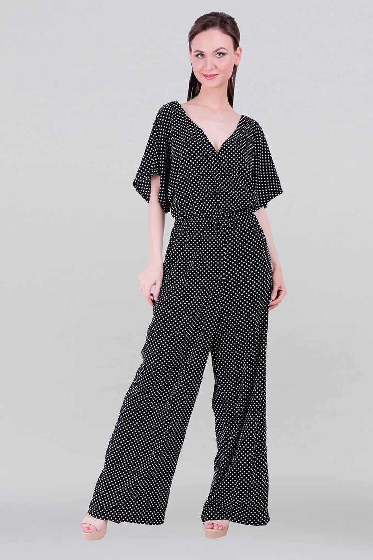 Black polka dot jumpsuit with flutter sleeves