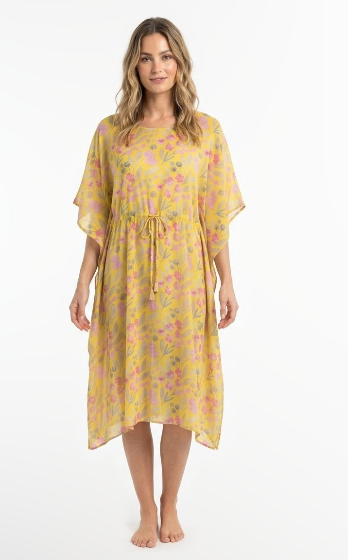 Knee-length polyester beach kaftan with a drawstring waist in a yellow and pink floral print.
