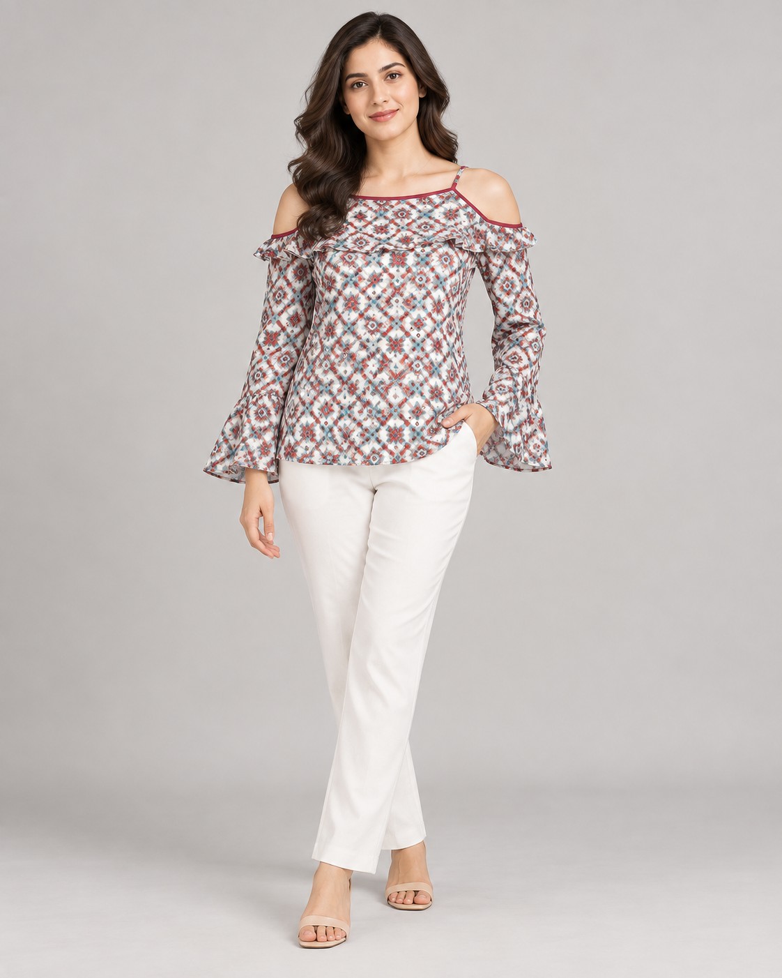 Polyester Printed Tops worn by a model, KK Fashion Exports