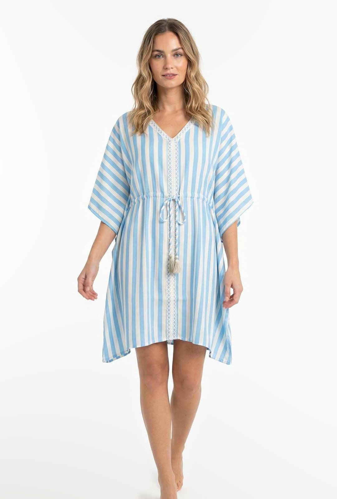 Knee-length polyester beach kaftan with a tasselled drawstring in blue and white stripes.