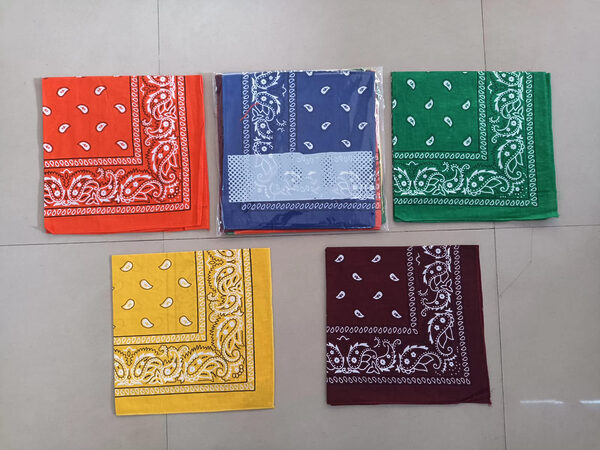Cotton paisley bandanas in orange, blue, green, yellow and maroon