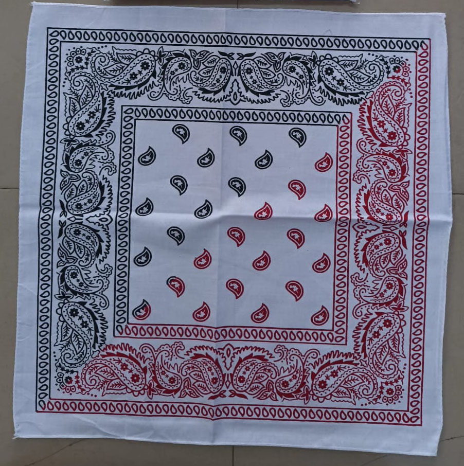 White cotton bandana with black and red paisley print