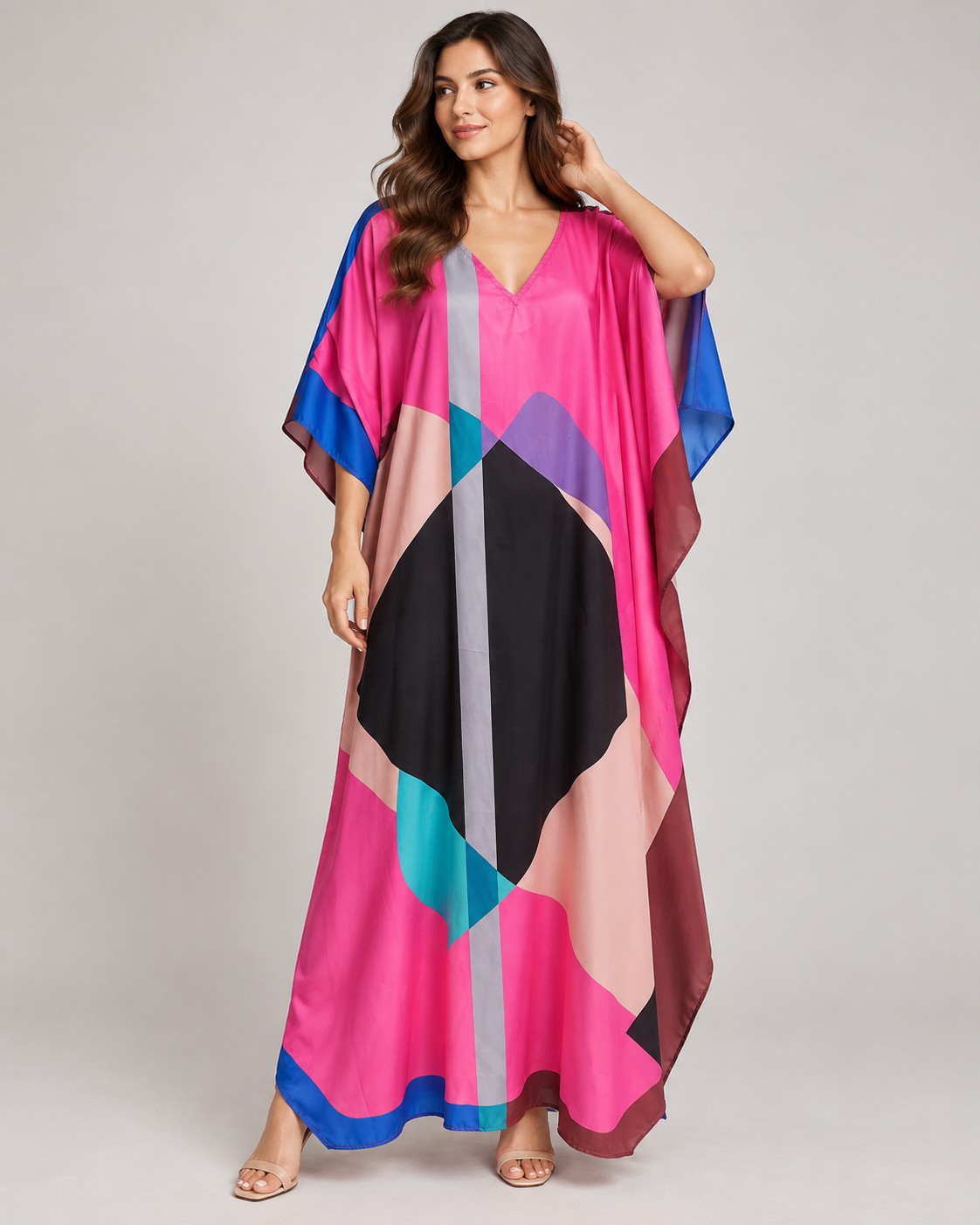 Digital Printed Silk Kaftan Tops worn by a model, KK Fashion Exports