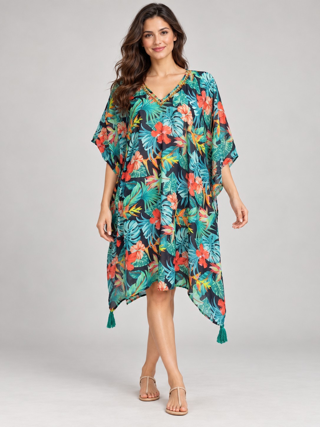 Digital Printed Silk Kaftan Tops worn by a model, KK Fashion Exports