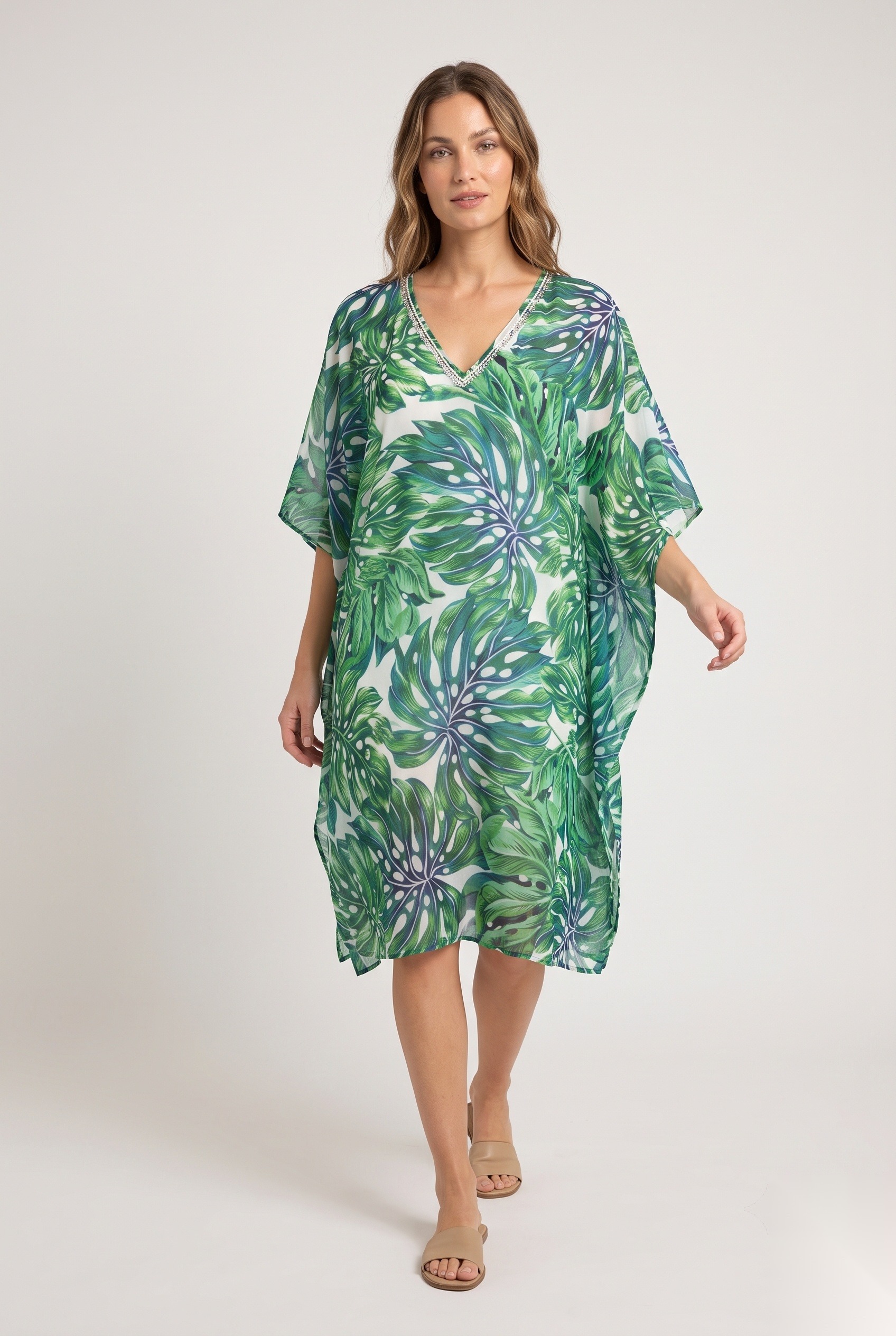 Digital Printed Silk Kaftan Tops worn by a model, KK Fashion Exports