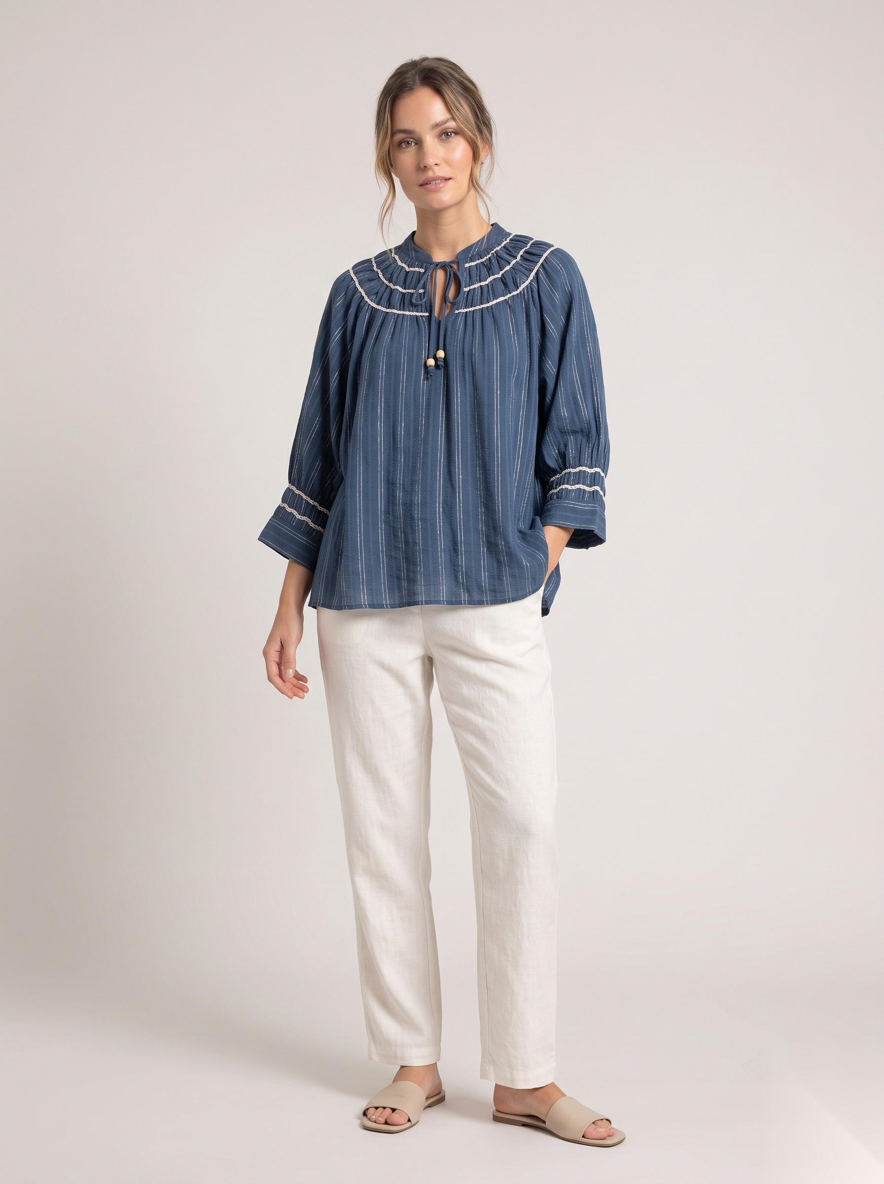 Embroidered Cotton Jacquard Tops worn by a model, KK Fashion Exports
