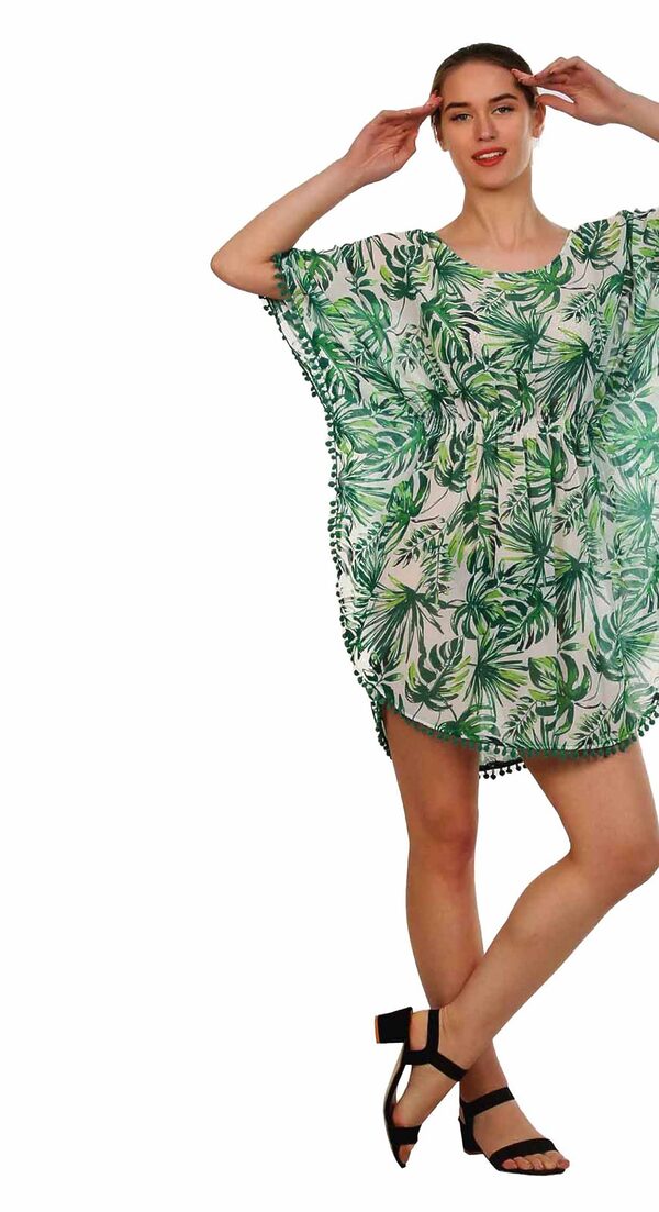 Pom Pom Trim Chiffon Kaftan Beach Dress