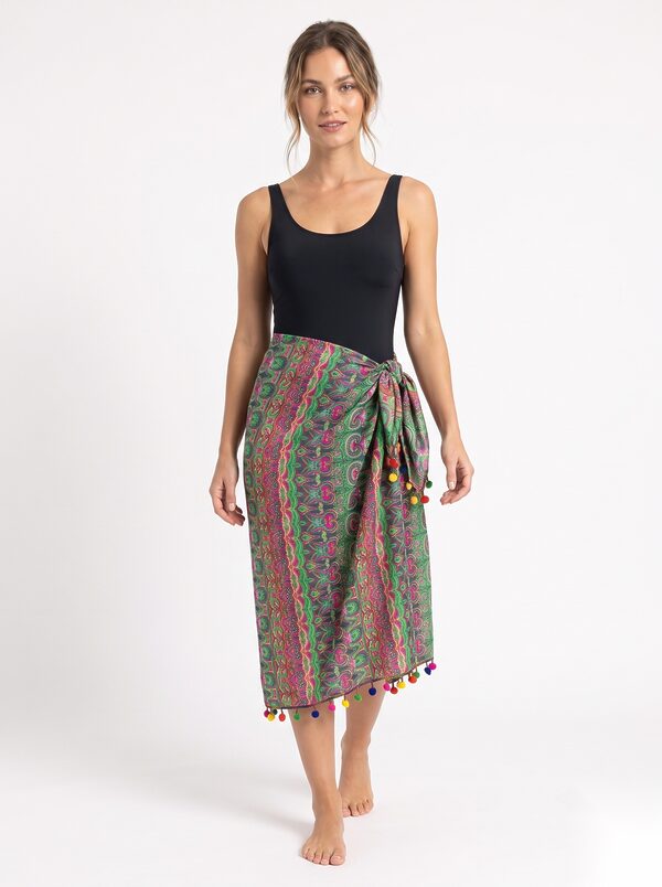 Pom-Tom Trim Viscose Beach Pareos worn by a model, KK Fashion Exports
