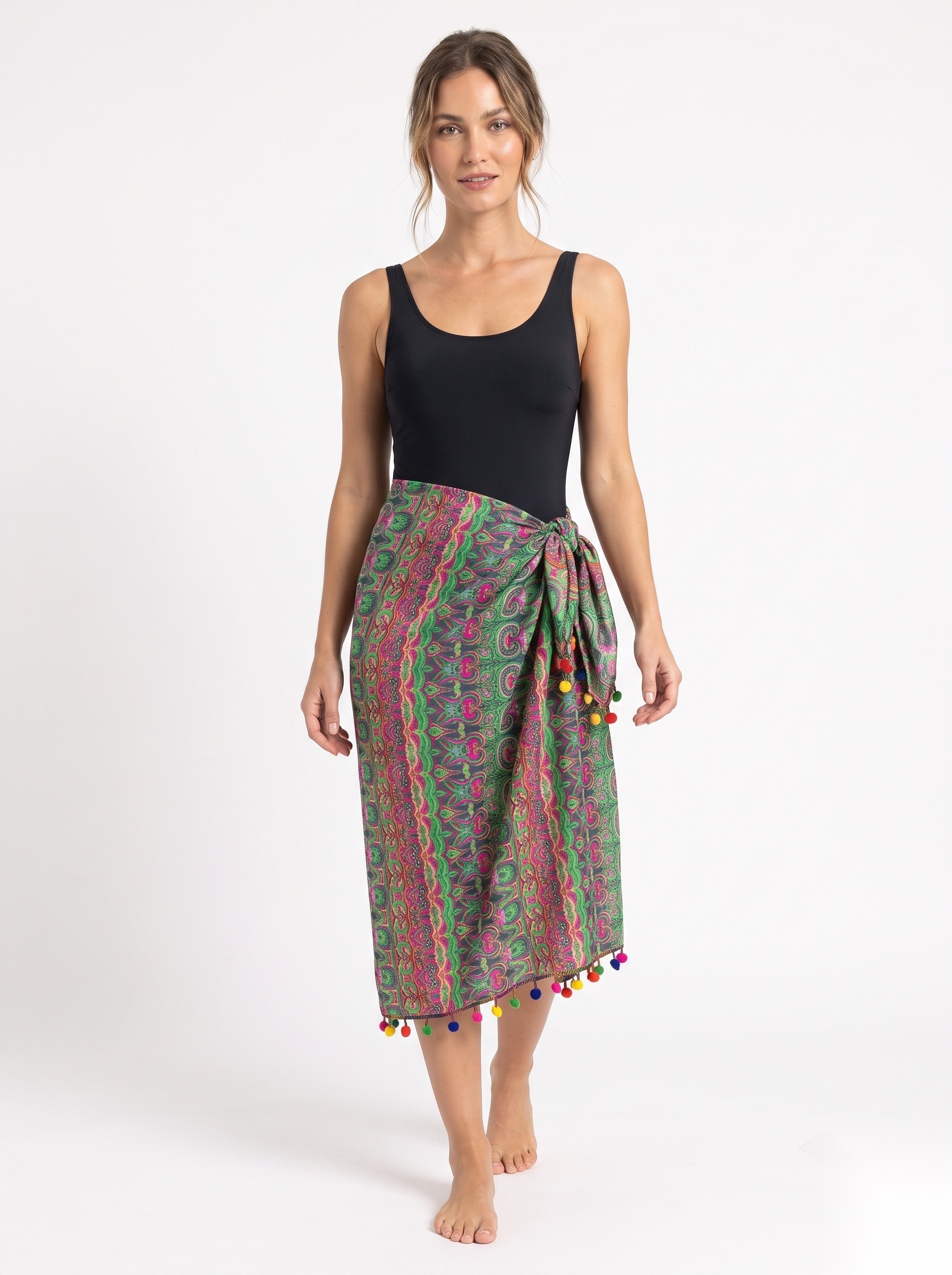 Pom-Tom Trim Viscose Beach Pareos worn by a model, KK Fashion Exports