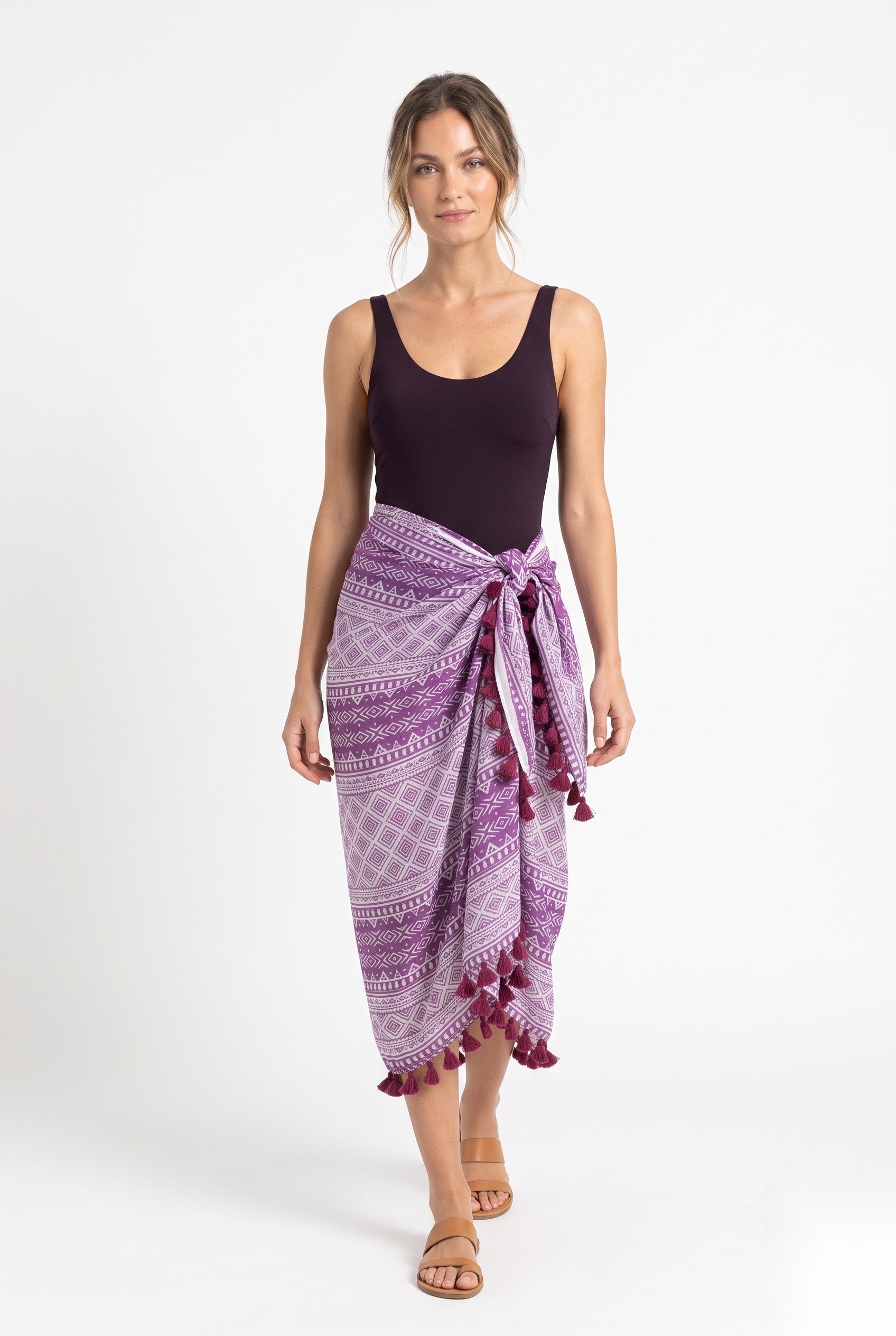 Pom-Tom Trim Viscose Beach Pareos worn by a model, KK Fashion Exports