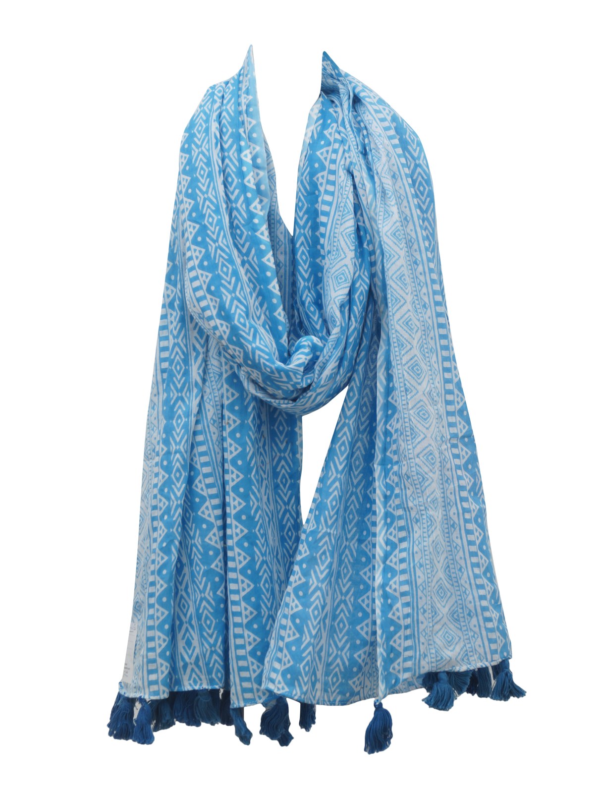 Blue printed pareo with pom-pom tassel trim